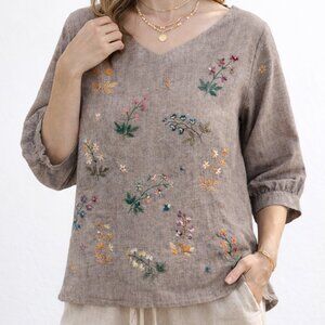 NEW Hand Embroidered Linen Blend Blouse Artisan Floral Boho Top